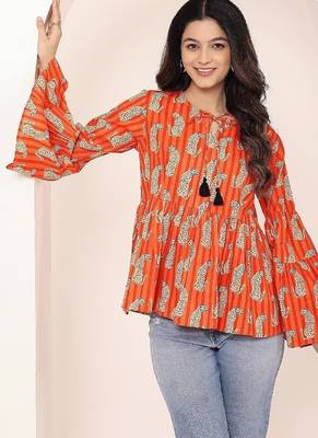 Navy blue tropical print angrakha style cotton kurta top 3