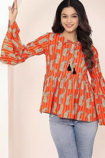 Navy blue tropical print angrakha style cotton kurta top