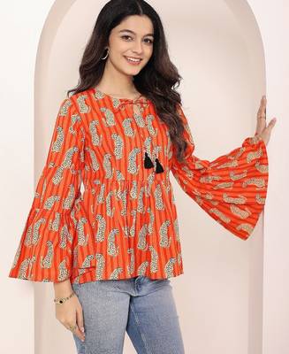 Navy blue tropical print angrakha style cotton kurta top 4