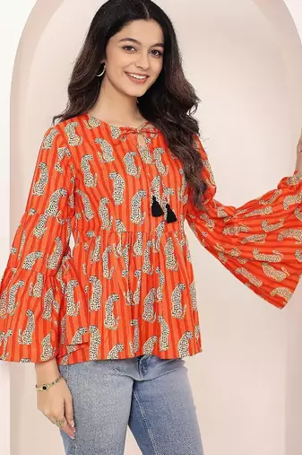 Navy blue tropical print angrakha style cotton kurta top