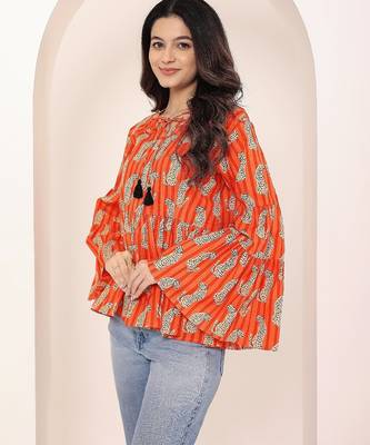 Navy blue tropical print angrakha style cotton kurta top 5