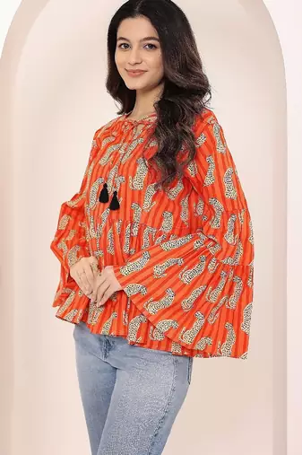 Navy blue tropical print angrakha style cotton kurta top