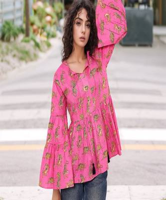 Navy blue tropical print angrakha style cotton kurta top 1