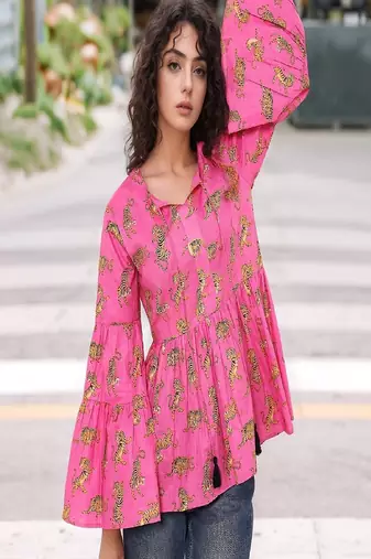 Navy blue tropical print angrakha style cotton kurta top