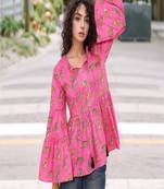 Navy blue tropical print angrakha style cotton kurta top