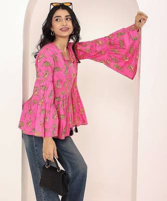 Navy blue tropical print angrakha style cotton kurta top 3