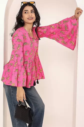 Navy blue tropical print angrakha style cotton kurta top