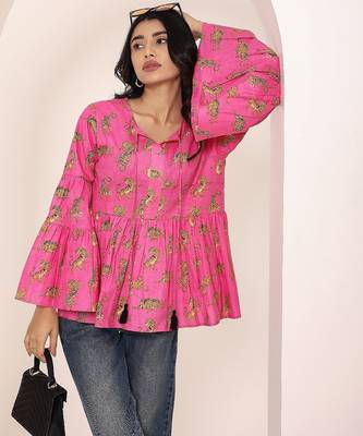 Navy blue tropical print angrakha style cotton kurta top 4