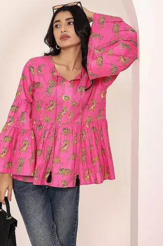 Navy blue tropical print angrakha style cotton kurta top