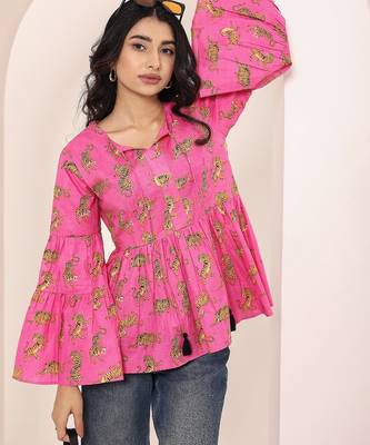 Navy blue tropical print angrakha style cotton kurta top 5