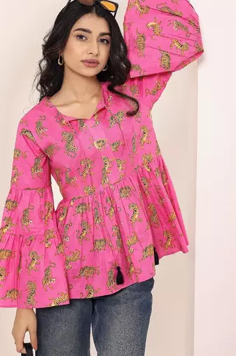 Navy blue tropical print angrakha style cotton kurta top