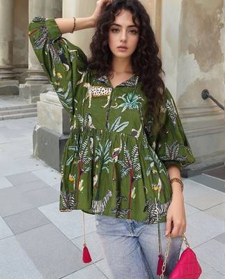Navy blue tropical print angrakha style cotton kurta top 1