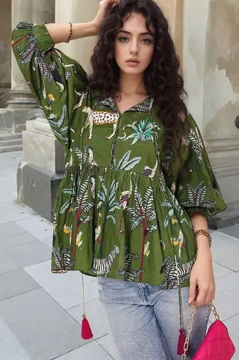 Navy blue tropical print angrakha style cotton kurta top