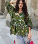 Navy blue tropical print angrakha style cotton kurta top