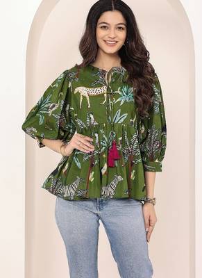 Navy blue tropical print angrakha style cotton kurta top 3