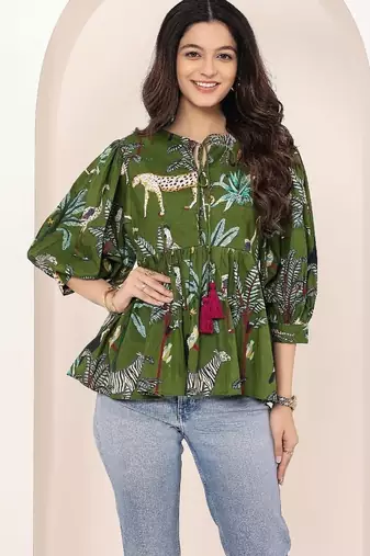 Navy blue tropical print angrakha style cotton kurta top