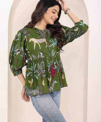Navy blue tropical print angrakha style cotton kurta top 4
