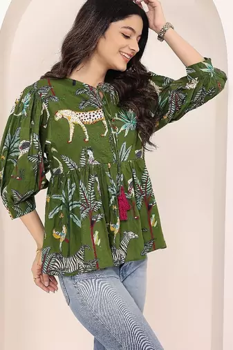 Navy blue tropical print angrakha style cotton kurta top