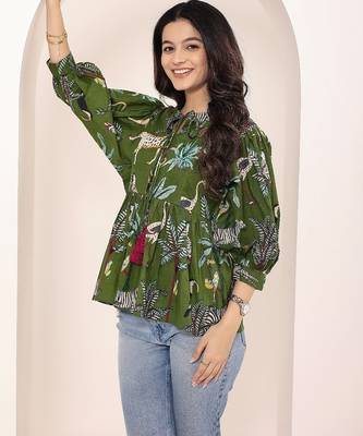 Navy blue tropical print angrakha style cotton kurta top 5
