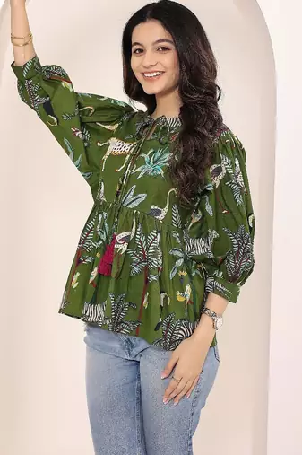 Navy blue tropical print angrakha style cotton kurta top