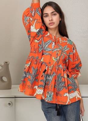 Navy blue tropical print angrakha style cotton kurta top 2