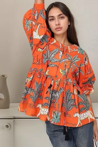 Navy blue tropical print angrakha style cotton kurta top