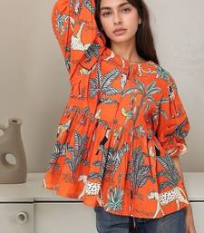 Navy blue tropical print angrakha style cotton kurta top