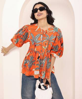 Navy blue tropical print angrakha style cotton kurta top 4