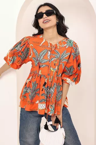Navy blue tropical print angrakha style cotton kurta top