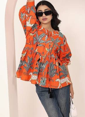 Navy blue tropical print angrakha style cotton kurta top 1