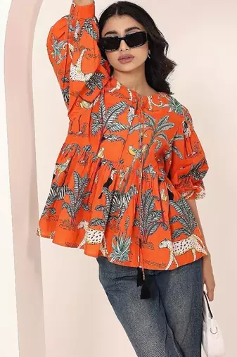 Navy blue tropical print angrakha style cotton kurta top