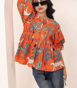 Navy blue tropical print angrakha style cotton kurta top