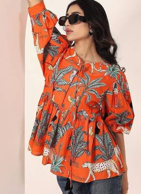 Navy blue tropical print angrakha style cotton kurta top 5