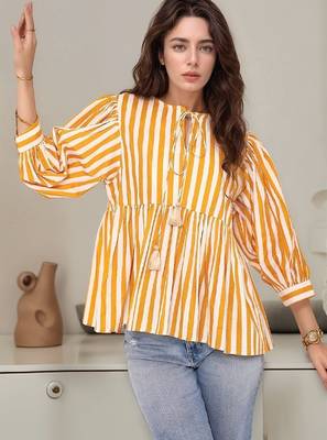 Navy blue tropical print angrakha style cotton kurta top 1