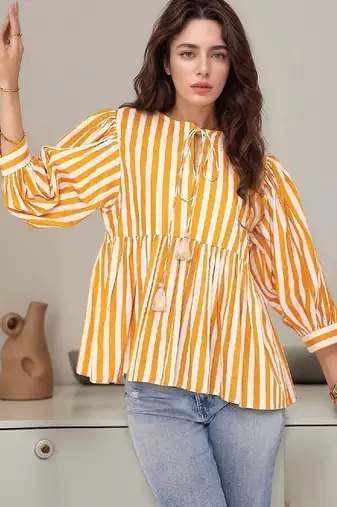 Navy blue tropical print angrakha style cotton kurta top