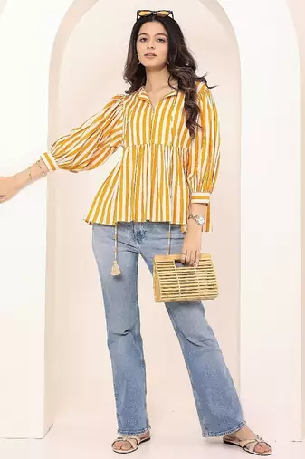 Navy blue tropical print angrakha style cotton kurta top