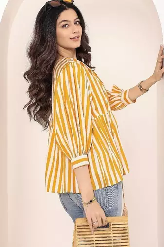 Navy blue tropical print angrakha style cotton kurta top