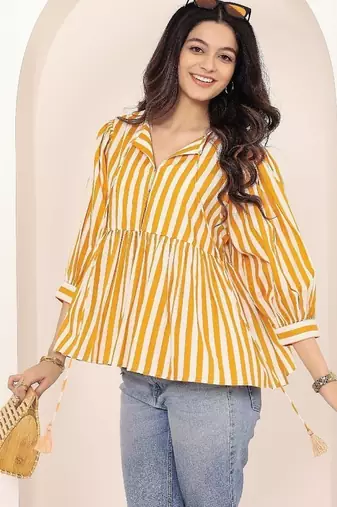 Navy blue tropical print angrakha style cotton kurta top