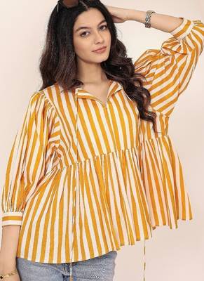 Navy blue tropical print angrakha style cotton kurta top 5