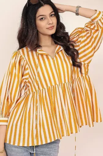 Navy blue tropical print angrakha style cotton kurta top
