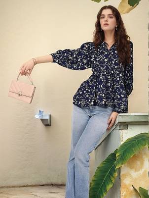 Navy blue tropical print angrakha style cotton kurta top 1