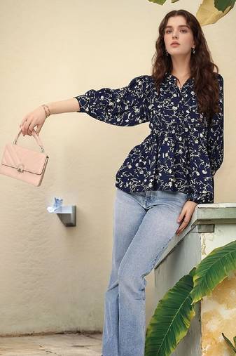 Navy blue tropical print angrakha style cotton kurta top