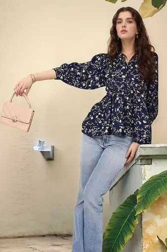 Navy blue tropical print angrakha style cotton kurta top