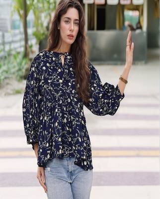 Navy blue tropical print angrakha style cotton kurta top 2