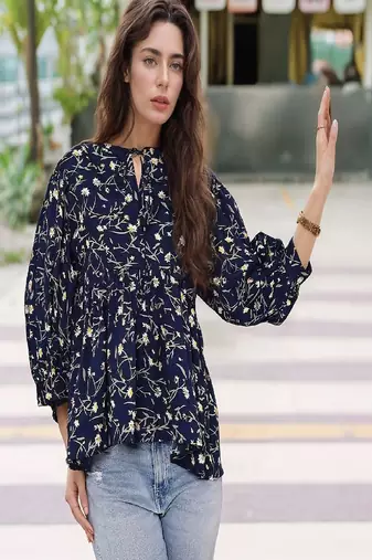 Navy blue tropical print angrakha style cotton kurta top
