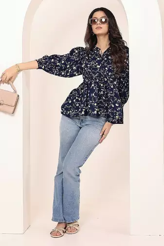 Navy blue tropical print angrakha style cotton kurta top