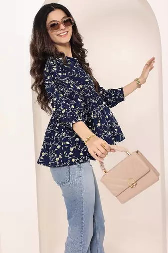 Navy blue tropical print angrakha style cotton kurta top