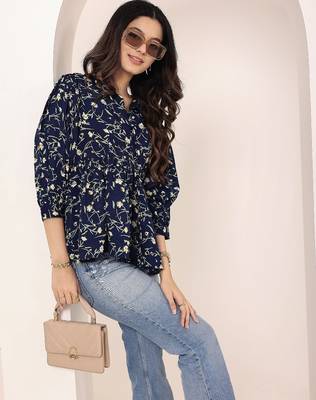 Navy blue tropical print angrakha style cotton kurta top 5