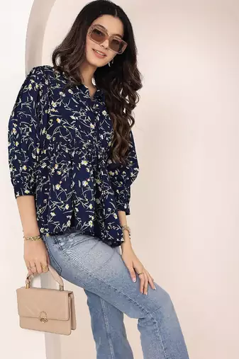 Navy blue tropical print angrakha style cotton kurta top