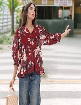 Navy blue tropical print angrakha style cotton kurta top 2